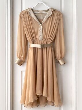 Vintage Susan Howard California Gold Belted Midi Dress Chiffon Sheer Sleeves S/M